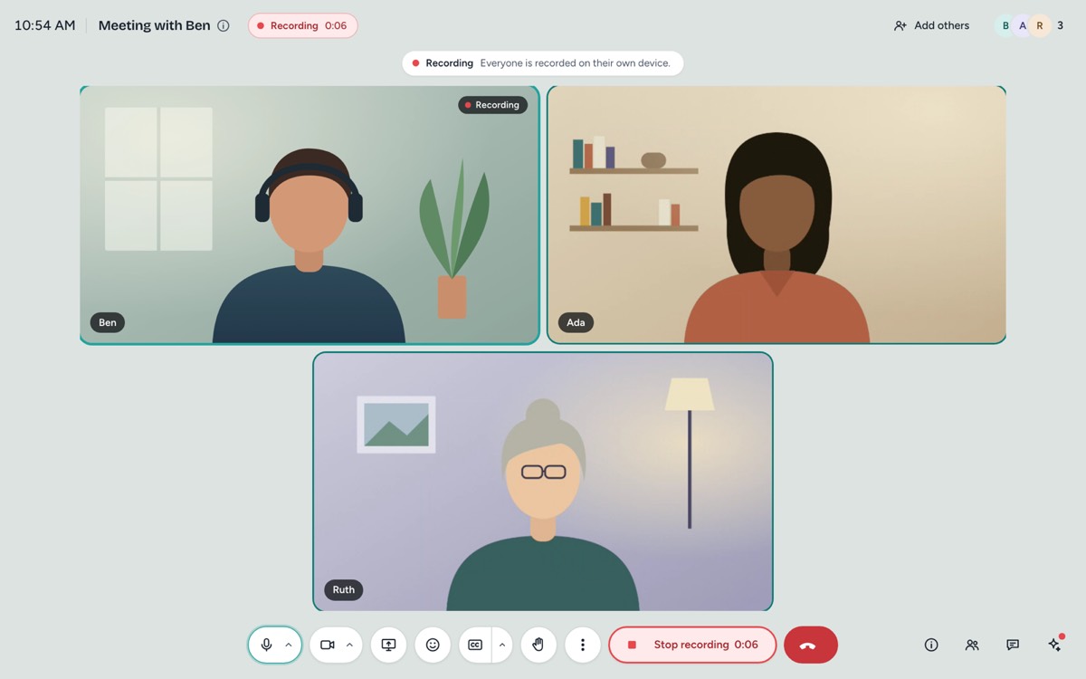 A p2p.video call with three people in a grid. Recording is on, and a banner tells everyone they are recorded on their own device.