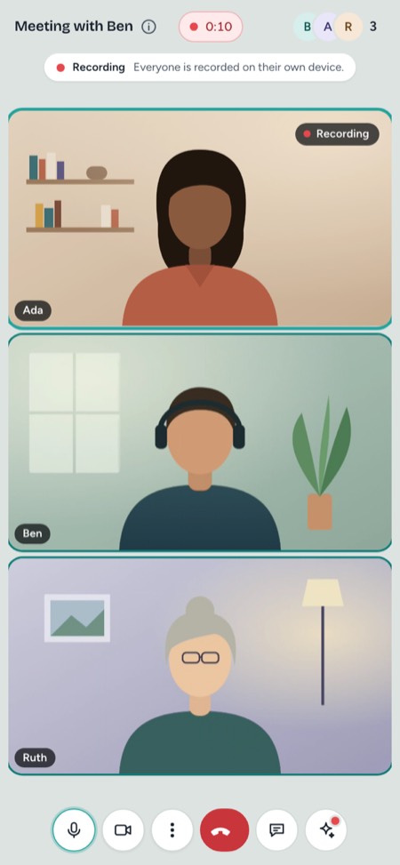A p2p.video call on a phone: three people stacked, with large controls at the bottom.